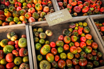 Market Tomatos Heirloom Tomatoes Produce in Wooden Boxes