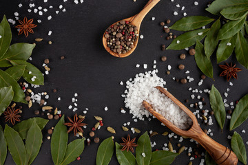 Flatlay spices and salt on black background