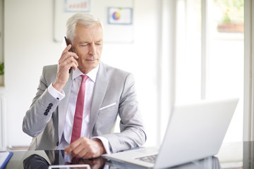 Thinking businessman making call and using laptop in the office