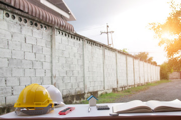 Architect desk ,Business,engineering concept,construction site, soft focus, vintage tone, working with blueprints in the office