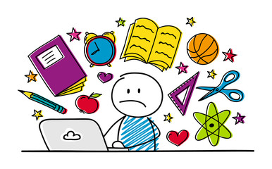 Hand drawn stickman with school accessories. Vector.