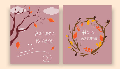 Hello autumn cards with trees and falling leaves.