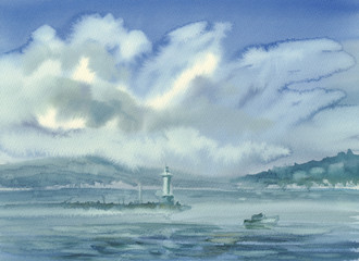 Geneva lake landscape with clouds and mountains watercolor