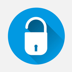 Vector icon open padlock. Open lock icon on blue background. Flat image lock with long shadow. Layers grouped for easy editing illustration. For your design.