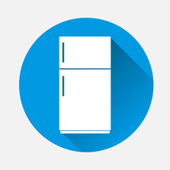 Vector icon of a refrigerator on blue background. Flat image home appliances with long shadow. Layers grouped for easy editing illustration. For your design.