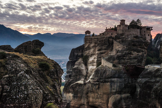 Sunset over Varlaam monastery in Meteora, Greece