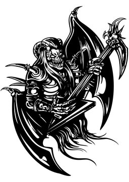 Metal music demon/ Black&white illustration a horned demon with brutal electro guitar 