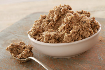 prepared aubergine tepenade dip in dish