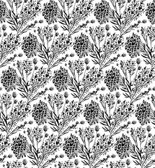 Black seamless trendy pattern with grass, flowers bouquet. Vector illustration. design element for fabric, wrapping paper, congratulation cards, print, banners and others