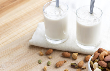 Yogurt in two glasses with dried fruit is a healthy breakfast.