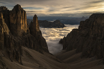 Beautiful sunrise scene at the base o Piz Boe 3152m. Sunrise in Dolomites - Italy.