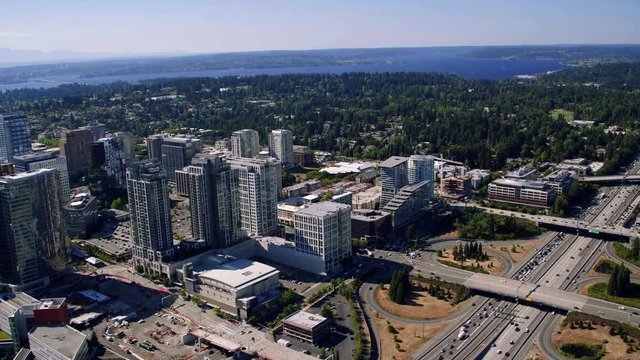 Helicopter Aerial Rotating Bellevue City Buildings