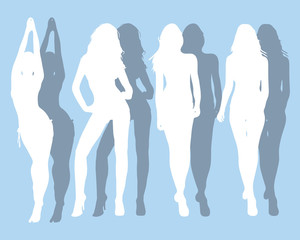 Silhouettes of beautiful girls in various poses on a blue background
