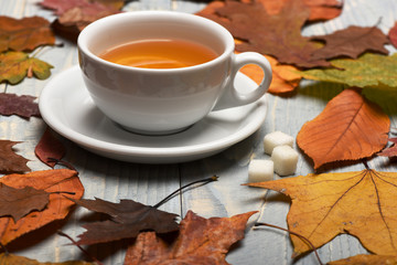 Cup of green tea with slice of lemon near leaves