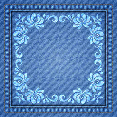 Denim background with decorative seams and floral ornament. Vector Illustration