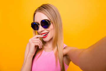 Close up photo portrait of chic in casual outfit pretty attracti