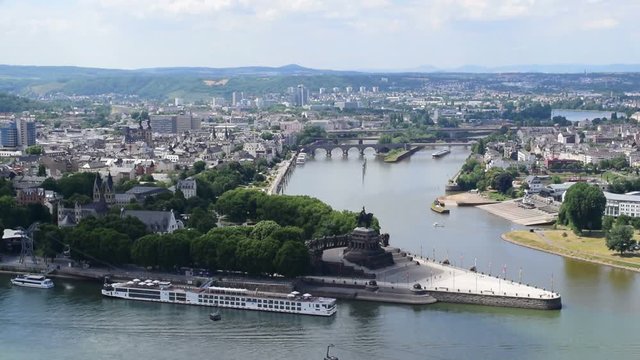 German Corner is a famous landmark where the Rhein and Mosel Rivers converge in the beautiful 2000 year old city of Koblenz, Germany, aerial view