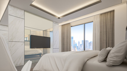 Interior design of Master bedroom in high-rise residential building , 3d rendering
