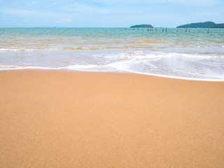 Fototapeta na wymiar close up sand ground floor ,water sea beach , island with cloudy blue sky and horizon
