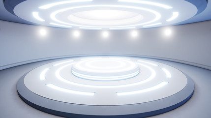 Fototapeta na wymiar Abstract empty studio with pedestal and blue lighting. Futuristic round pedestal or platform for display. Sci-fi concept. 3d render. 3d visualisation.