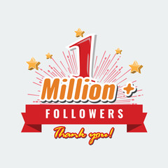 Obraz premium 1 Million followers or subscribers achivement symbol design with ribbon and star for social media. Vector illustration.