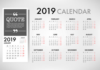 Calendar for 2019 Week Starts Monday. Simple Vector Template