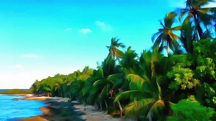 Küchenrückwand glas motiv Oil painting. Art print for wall decor. Acrylic artwork. Big size poster. Watercolor drawing. Modern style fine art. Painting for sale. Tropical exotic resort. Beautiful wild coast. Paradise landscape © Pavel