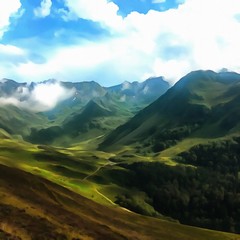 Fototapeta premium Oil painting. Art print for wall decor. Acrylic artwork. Big size poster. Watercolor drawing. Modern style fine art. Painting for sale. Tropical exotic resort. Beautiful mountain landscape. Paradise.