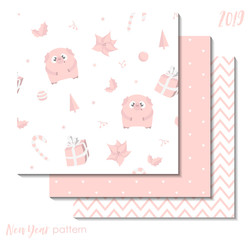 Set of New Year 2019 seamless patterns with pink pigs