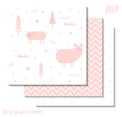 Set of New Year 2019 seamless patterns with pink pigs for scrapbooking in scandinavian style