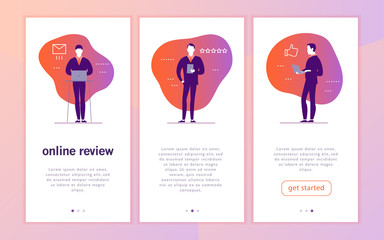 Vector mobile app interface concept design with online review theme. Office people with gadget - laptop, tablet - give a star rating. Thumb up, stars line icons. Landing page, UI site template design.