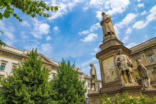 View on the statue of Leonardo da Vinci in Milan, Italy on a sunny day.