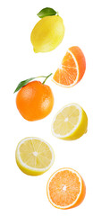 Flying orange and lemon isolated on white background