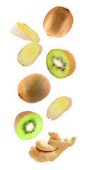 Levity kiwi fruits and ginger floating in the air