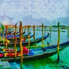 Oil painting. Art print for wall decor. Acrylic artwork. Big size poster. Watercolor drawing. Modern style fine art. Impressionism. Impressionist art. Painting for sale. Boats at the pier. Beautiful.
