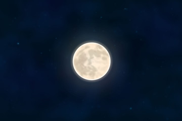 Full yellow moon with star isolated on dark night sky background. Closeup moon light effect. Glow mo