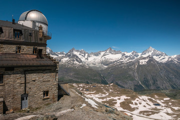 Obraz premium Scenic view of Valais (Wallis) Alps mountains from Gornergrad observatory, Zermatt, Switzerland.