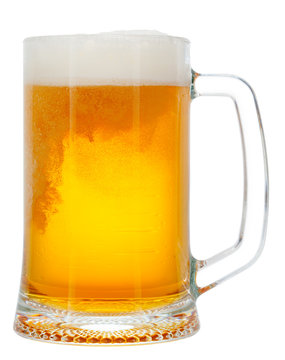 cold mug of beer with foam isolated on white background