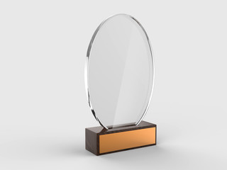 Blank glass trophy mock up stand on wooden base.