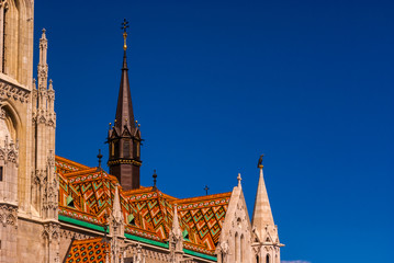 Black tower of the Late-Gotic Roman Catholic Matthias Church in Budapest  Hungary