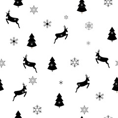 Black christmas tree and deer seamless pattern. Fashion graphic background design. Modern stylish abstract texture. Monochrome template for prints, textiles, wrapping, wallpaper. Vector illustration.