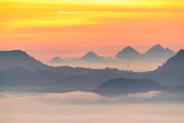 Fototapeta premium Distant scenic view at dawn / scene of evanescent atmosphere in the evergreen forest. Tree, mountain and a high power tower covered in morning mist. Dense morning fog rolling in over lush wilderness.