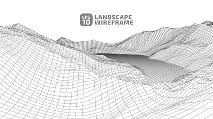Abstract wireframe background. 3D grid technology illustration landscape. Digital Cyberspace in the Mountains with valleys. EPS10 Vector.