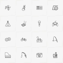 Hobbies line icon set with game joystick, music equalizer and microphone