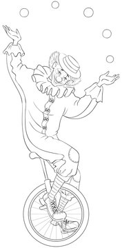 Cartoon circus clown juggling balls on unicycle. Coloring page