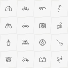 Hobbies line icon set with sewing ball , photo camera and bicycle