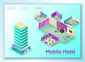 Hotel travel online concept,  landing page template, mobile booking app background with isometric flat icon of building, barbershop, cafe, laundry, fitness sport club, 3d vector illustration