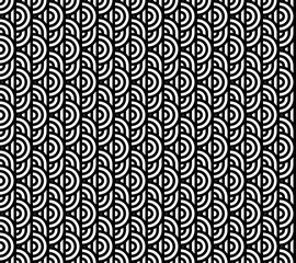 Obraz premium Seamless pattern with circles and striped black white straight lines. Optical illusion effect. Geometric tile in op art style. Vector illusive background for cloth, textile, print, web.