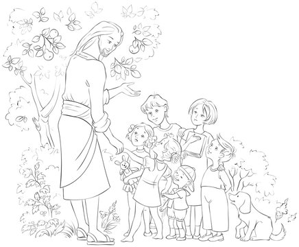 Jesus with Children. Coloring page