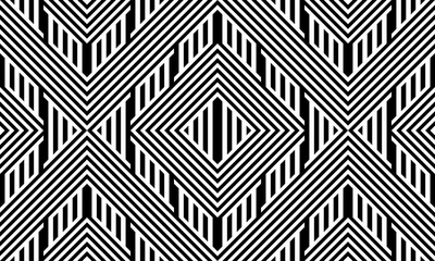 Seamless pattern with striped black white straight lines and diagonal inclined lines (zigzag, chevron). Optical illusion effect, op art. Background for cloth, fabric, textile, tartan.